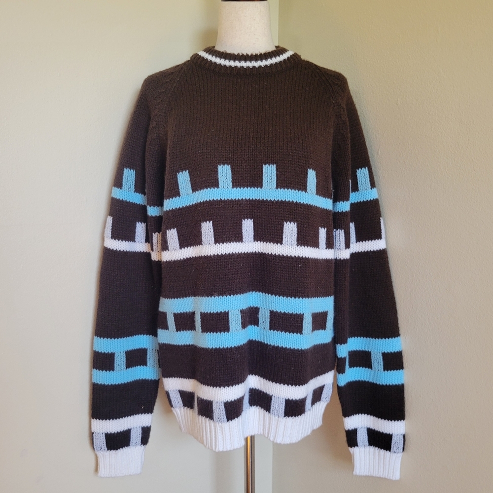 Internationalist | 80s Vintage Brown White Blue Patterned Sweater